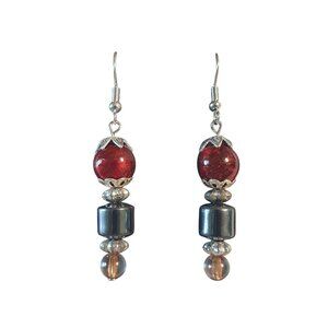 Handcrafted Dangle Earrings Red Bead Hematite Drop Silver Tone Hook Jewelry Gift
